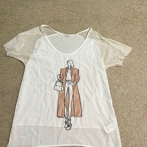 Zara graphic top with mesh sleeves